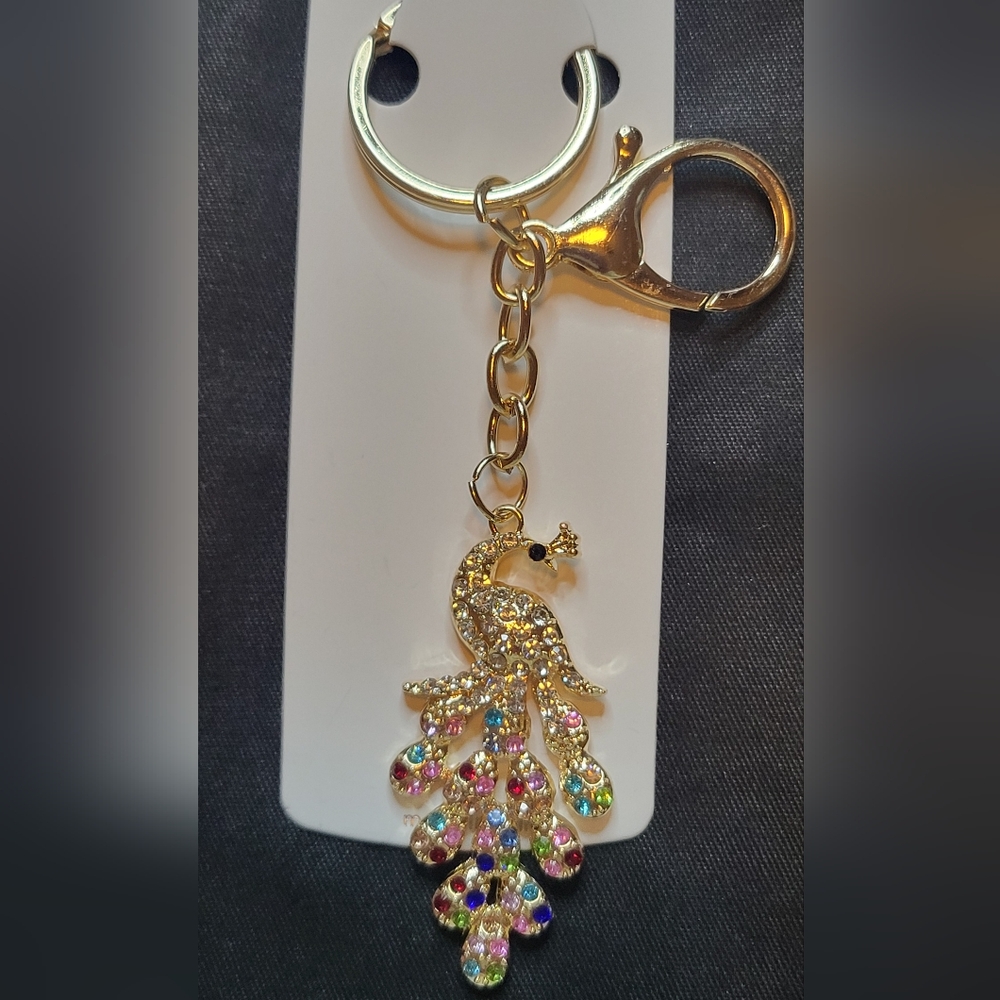 Elegant Gold Multi-Color Rhinestone Peacock Keychain/Bag Charm NWT